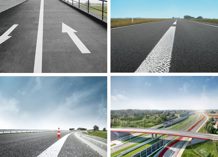 Road markings consisting of arrows and lines on the roadway
