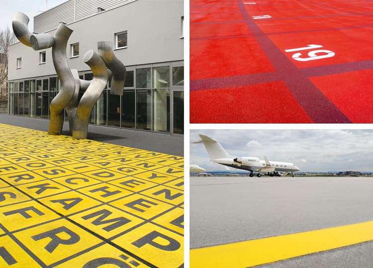 Creative design surfaces using colored marking materials and symbols in outdoor areas
