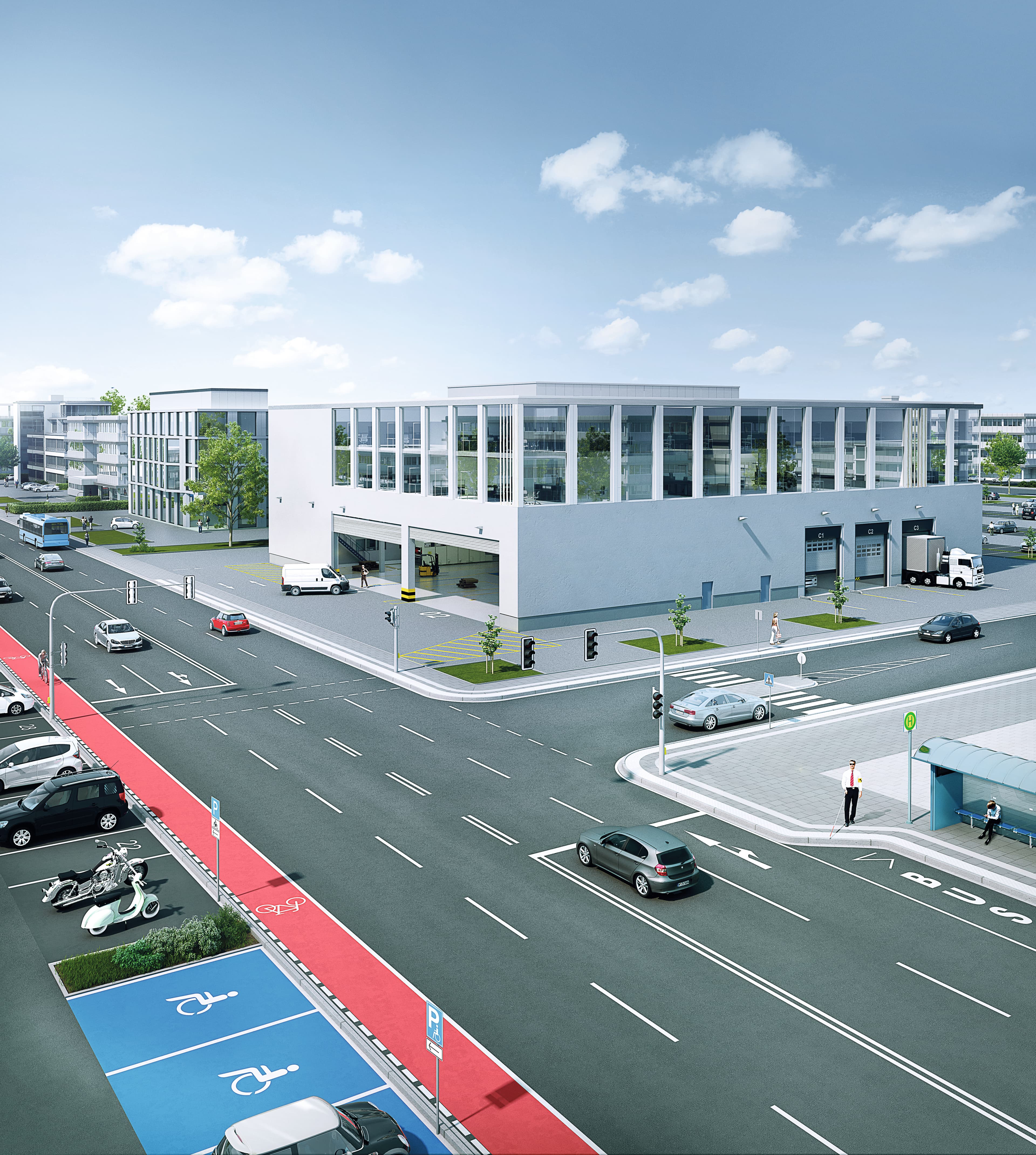 Road markings using Triflex cold-applied asphalt on traffic areas to ensure safe lane guidance and clear wayfinding