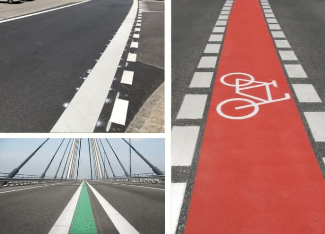 Straßenmarkierungen für Fahrbahnen und Radwege mit dauerhafter Linienführung