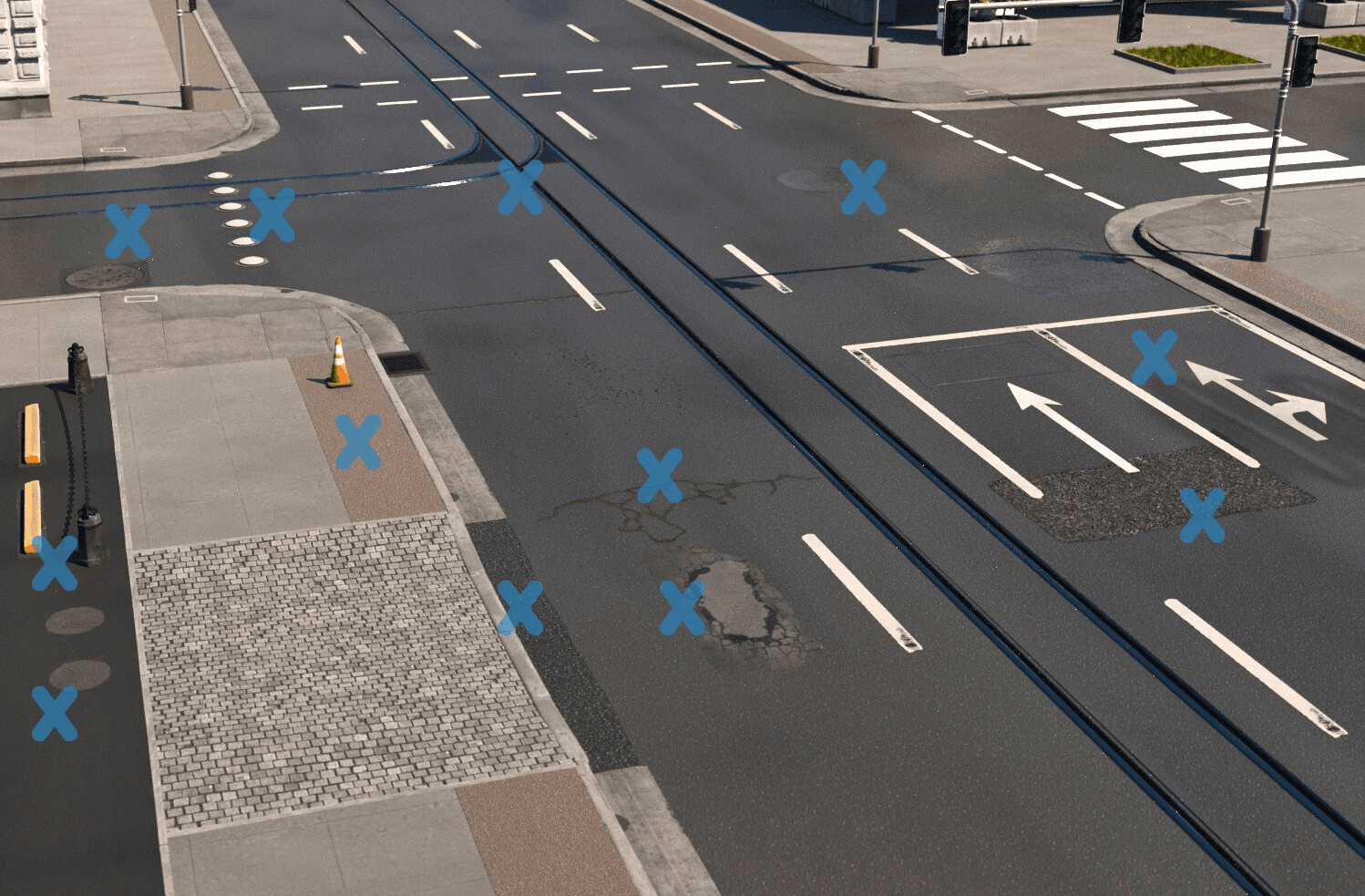 Typische Schäden auf Asphalt-Verkehrsflächen wie Schlaglöcher, Netzrisse und Spurrinnen im öffentlichen Straßenraum.