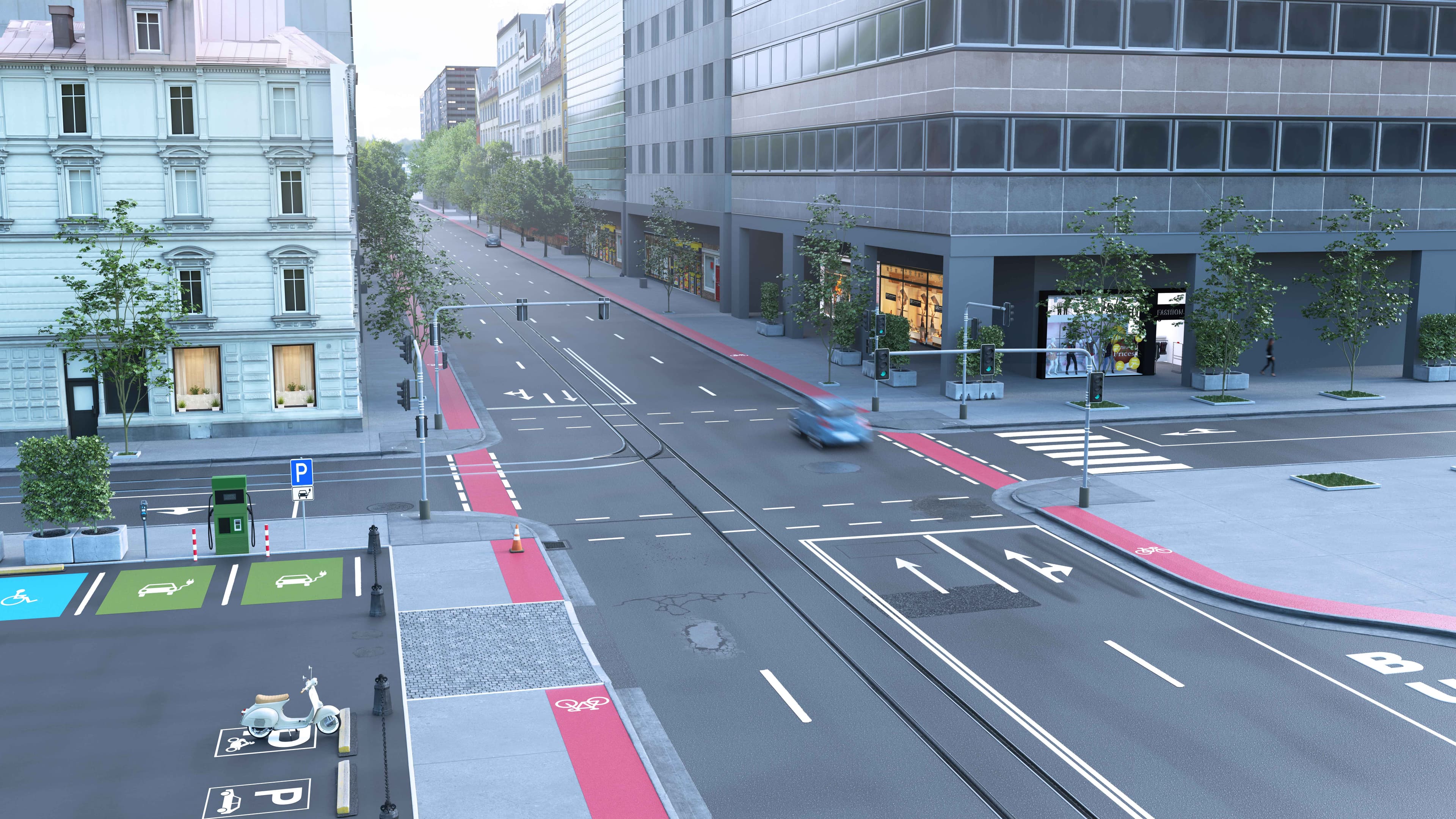 Traffic area in an urban setting with marked lanes and a pavement coating system