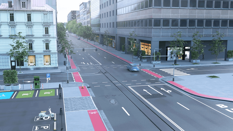 Verkehrsfläche mit typischen Schadstellen und Instandsetzungsmaßnahmen wie Rissen, Übergängen, Markierungen und reparierten Asphaltflächen im laufenden Betrieb