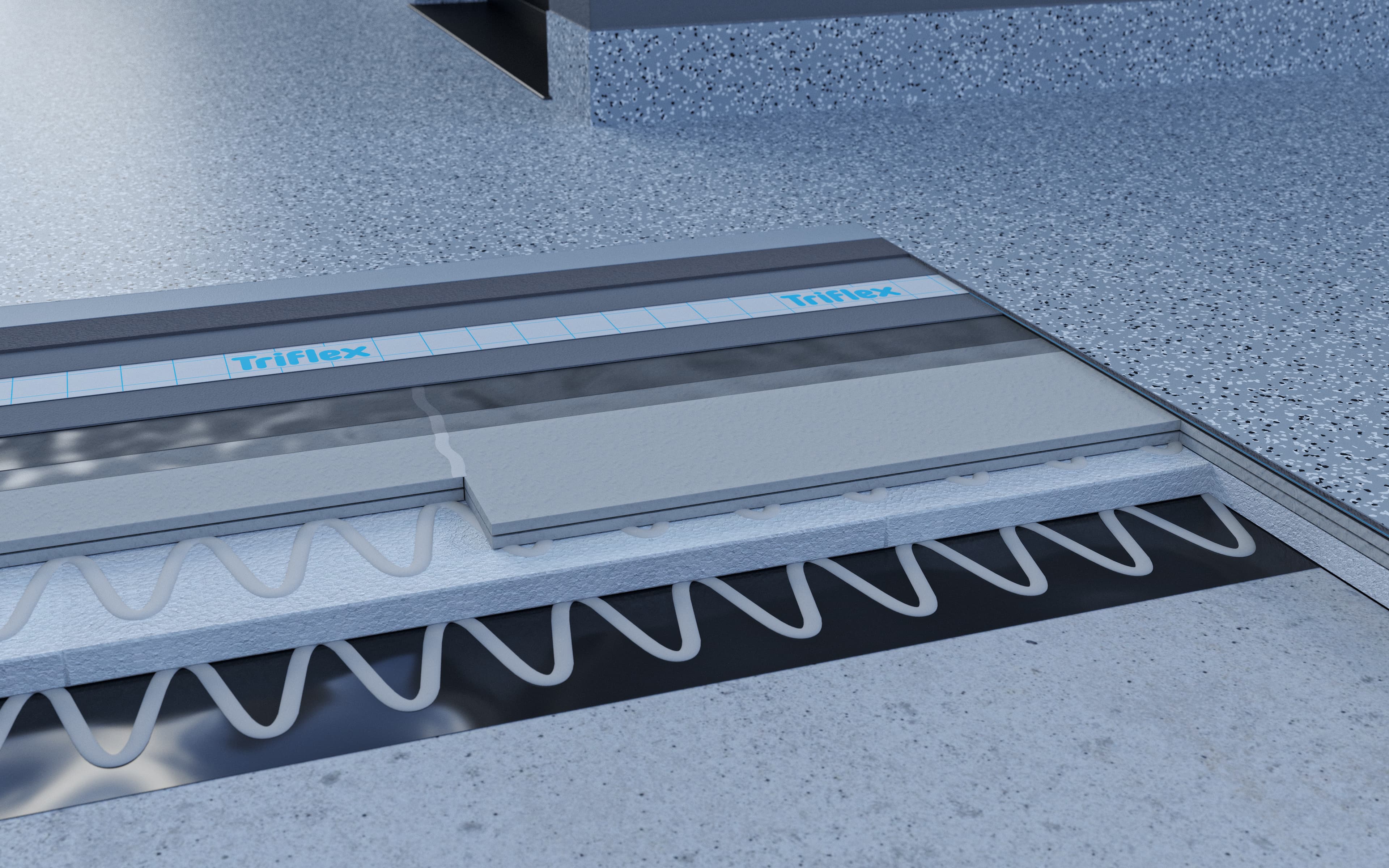 Balcony construction with waterproofing, insulation, and a wear layer in a layered structure