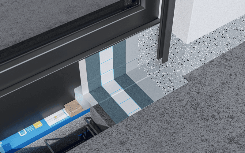 Systemaufbau bodentiefes Fenster Abdichtung mit SCHOECK ISOKORB CXT Typ K und Triflex ProDetail
