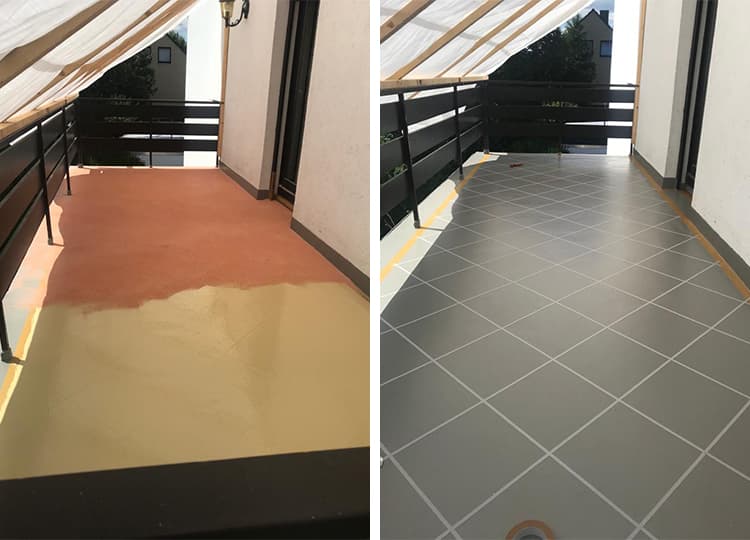 Before-and-after comparison of a balcony floor with old and new coatings