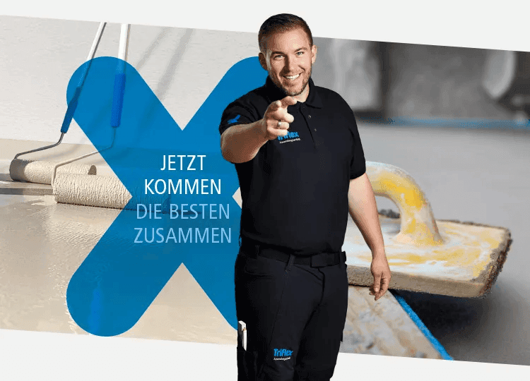 Person near a construction site in front of Triflex CeFix Screed 631 campaign image