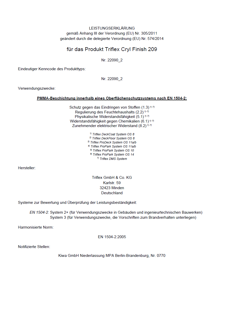 Leistungserklärung Triflex Cryl Finish 209