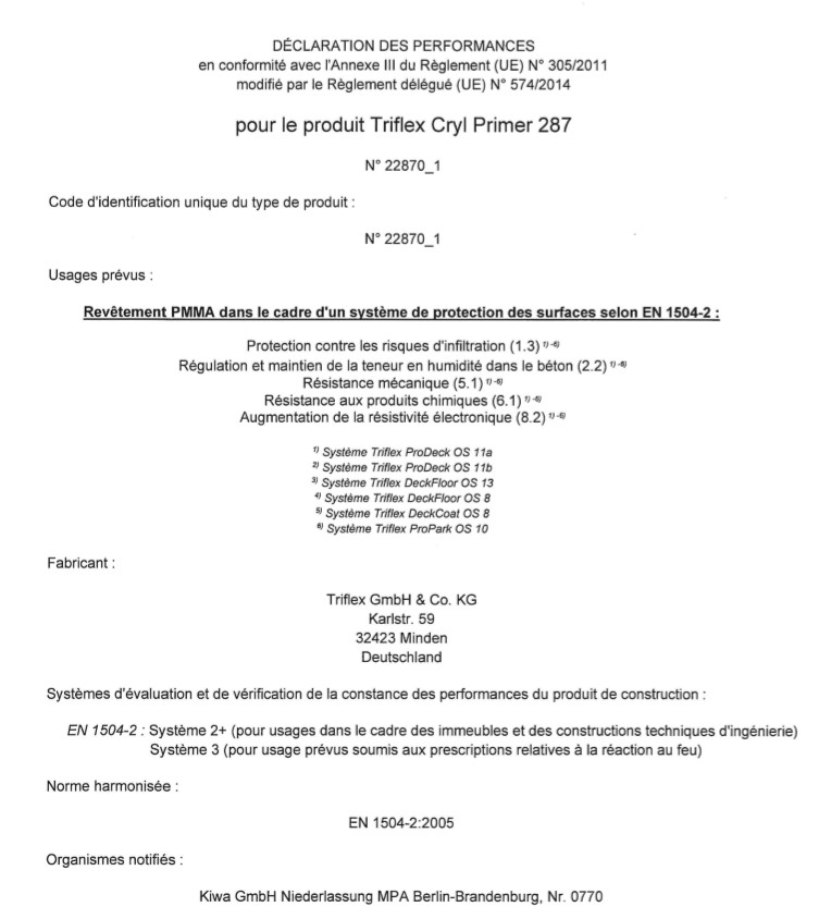 Triflex Cryl Primer 287 Déclaration des performances