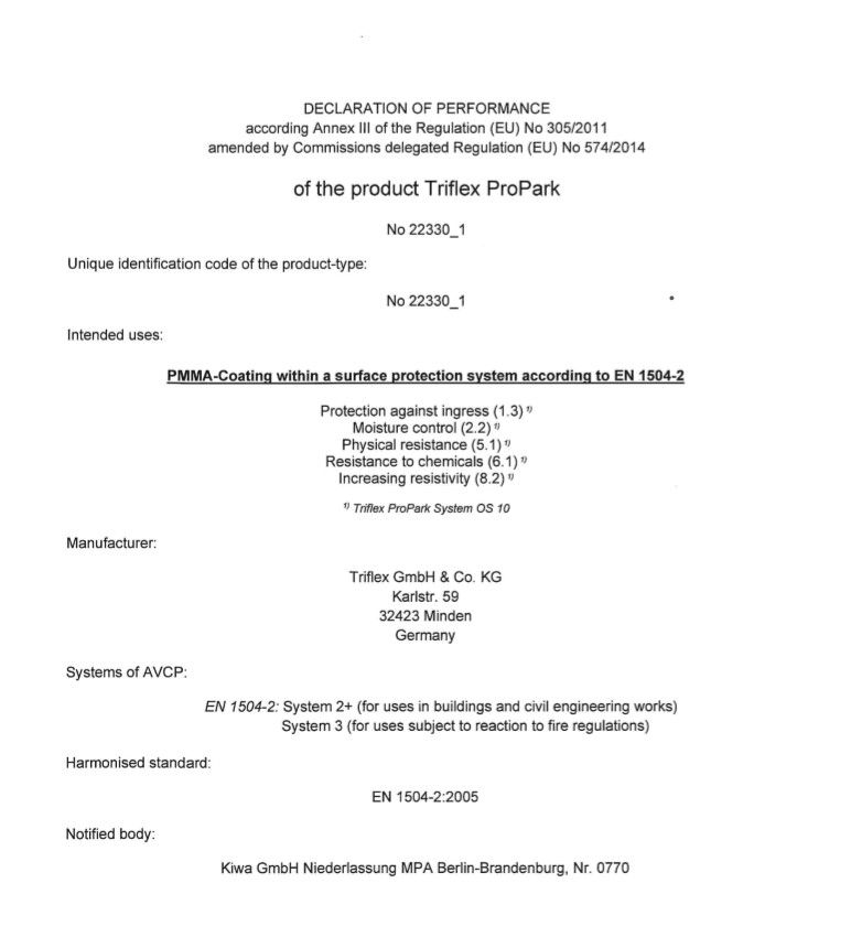 Triflex ProPark Declaration of performance